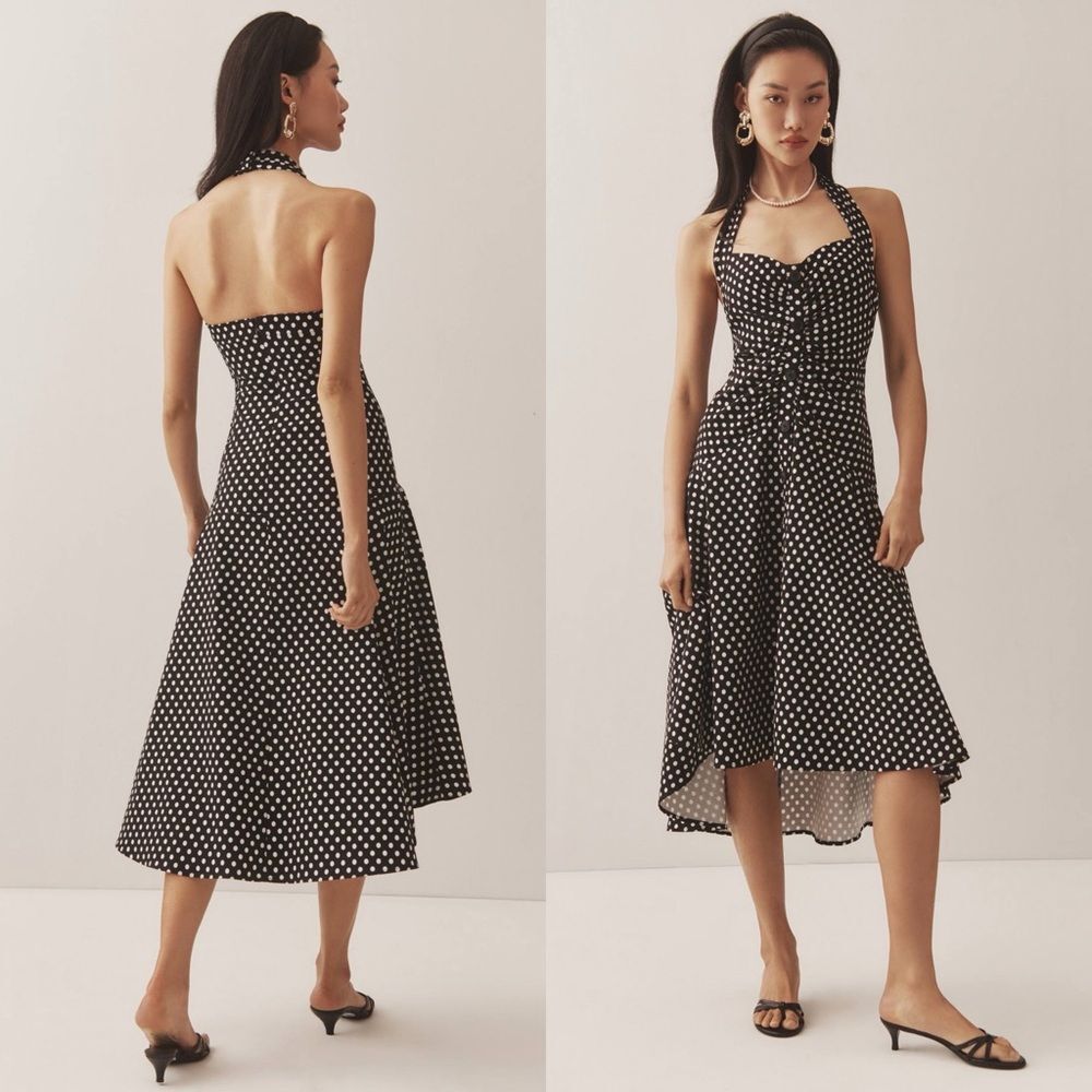 Anthropologie Maeve Halter Ruched Midi Dress in Black Polka Dot Size 4 - Picture 2 of 9